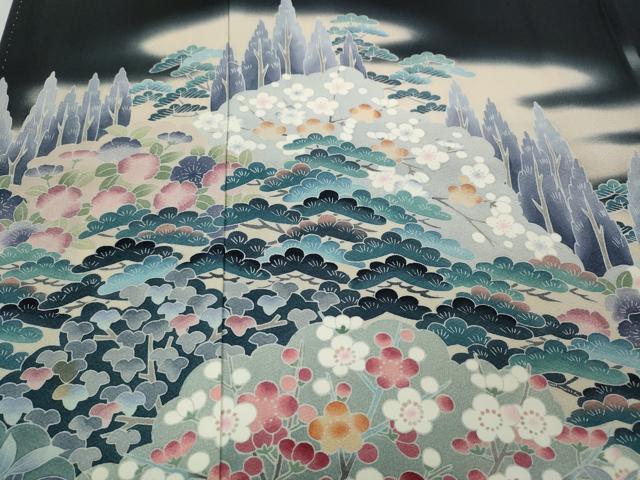 平和屋着物○十日町友禅作家 岡村蒼風 黒留袖 草花文 正絹 逸品