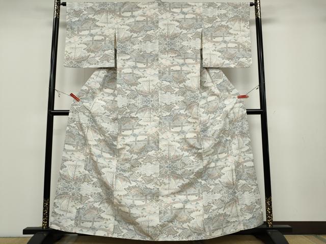 平和屋着物●上質な紬　船人物文　正絹　逸品　CABA1777ut