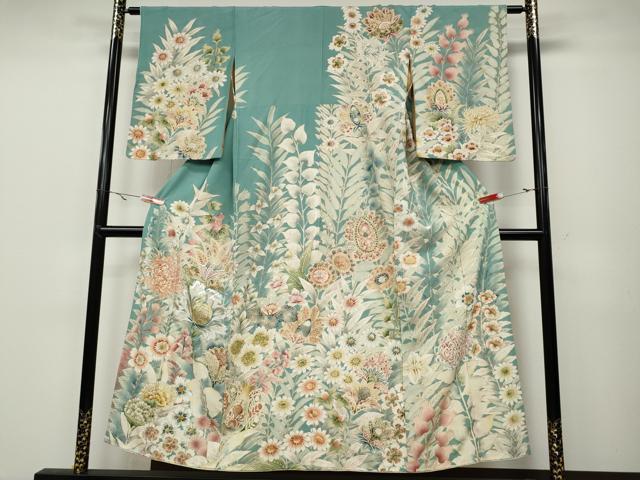 平和屋着物●アンティーク　大正ロマン　訪問着　刺繍　更紗花文　金彩　正絹　逸品　CABA1819ut