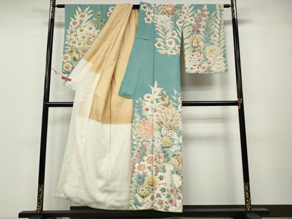 平和屋着物●アンティーク　大正ロマン　訪問着　刺繍　更紗花文　金彩　正絹　逸品　CABA1819ut