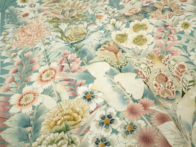 平和屋着物●アンティーク　大正ロマン　訪問着　刺繍　更紗花文　金彩　正絹　逸品　CABA1819ut