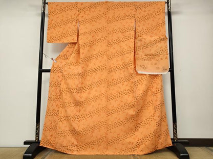 平和屋着物●上質な小紋　版画染　斜線舞花文　鬼しぼ縮緬　反端付き　正絹　逸品　CABA1833ut