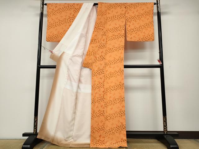 平和屋着物●上質な小紋　版画染　斜線舞花文　鬼しぼ縮緬　反端付き　正絹　逸品　CABA1833ut