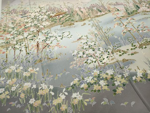 平和屋着物●訪問着　友禅　風景草花文　正絹　逸品　CABA1837ut