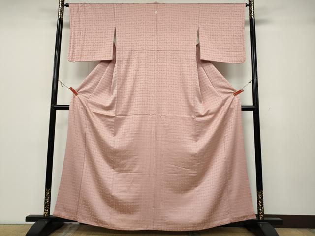 平和屋着物●上質な色無地　格子地紋　珊瑚色　正絹　逸品　CABA1874ut