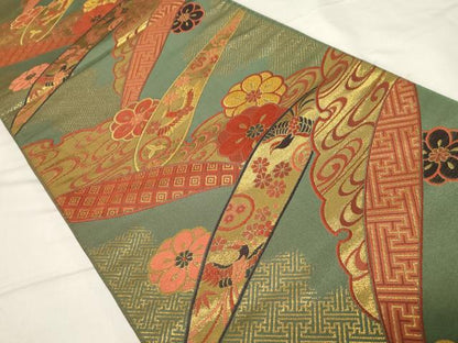 平和屋着物◎六通柄袋帯　流水飛鶴花文　金糸　正絹　逸品　CABA2081dy