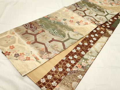平和屋着物◎両面　六通柄袋帯　唐織　亀甲流水花文　金銀糸　正絹　逸品　CABA2088dy
