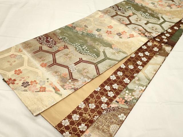 平和屋着物◎両面　六通柄袋帯　唐織　亀甲流水花文　金銀糸　正絹　逸品　CABA2088dy