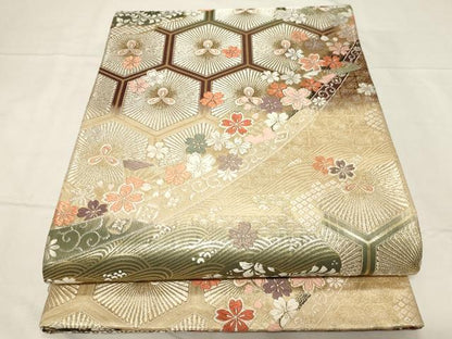 平和屋着物◎両面　六通柄袋帯　唐織　亀甲流水花文　金銀糸　正絹　逸品　CABA2088dy