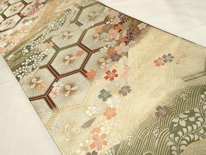 平和屋着物◎両面　六通柄袋帯　唐織　亀甲流水花文　金銀糸　正絹　逸品　CABA2088dy