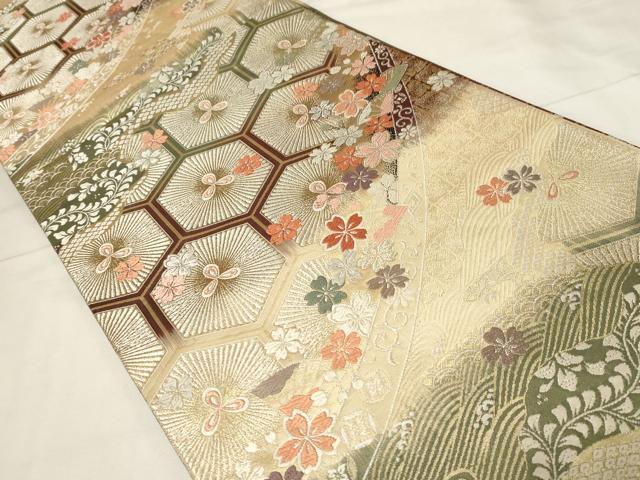 平和屋着物◎両面　六通柄袋帯　唐織　亀甲流水花文　金銀糸　正絹　逸品　CABA2088dy
