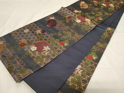 平和屋着物◎六通柄袋帯　唐織り　流水片輪車花文　金糸　正絹　逸品　CABA2101dy