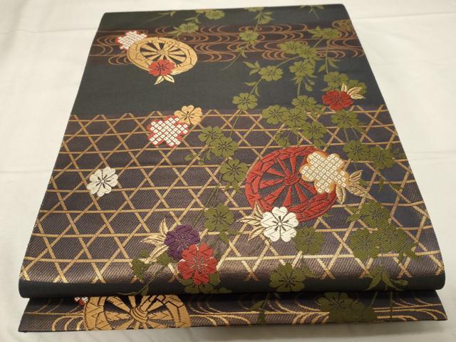 平和屋着物◎六通柄袋帯　唐織り　流水片輪車花文　金糸　正絹　逸品　CABA2101dy