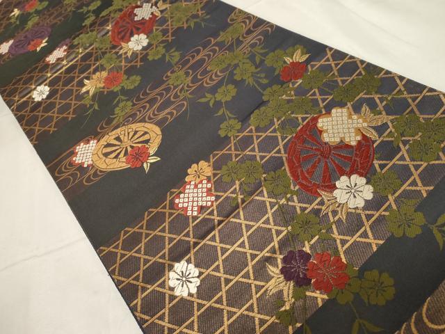 平和屋着物◎六通柄袋帯　唐織り　流水片輪車花文　金糸　正絹　逸品　CABA2101dy