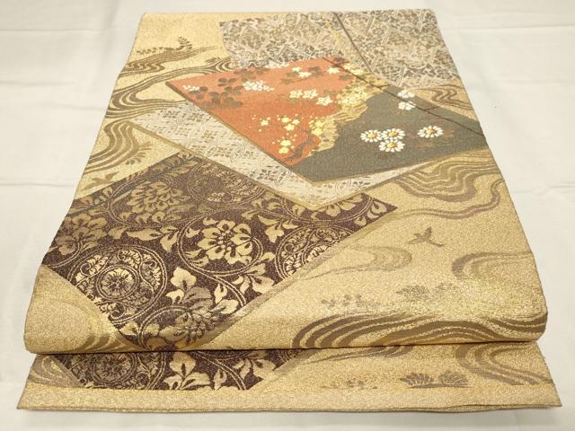 平和屋着物◎綴れ　太鼓柄袋帯　冊子草花文　金糸　正絹　逸品　CABA2105dy