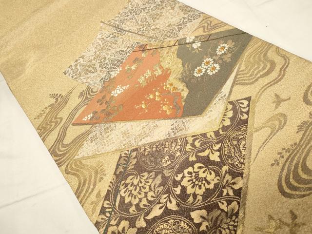 平和屋着物◎綴れ　太鼓柄袋帯　冊子草花文　金糸　正絹　逸品　CABA2105dy