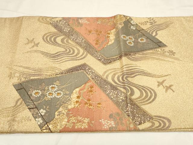 平和屋着物◎綴れ　太鼓柄袋帯　冊子草花文　金糸　正絹　逸品　CABA2105dy