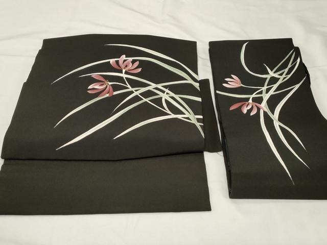 平和屋着物●つけ帯　手描き　草花文　黒地　金彩　正絹　逸品　CABA2168dy
