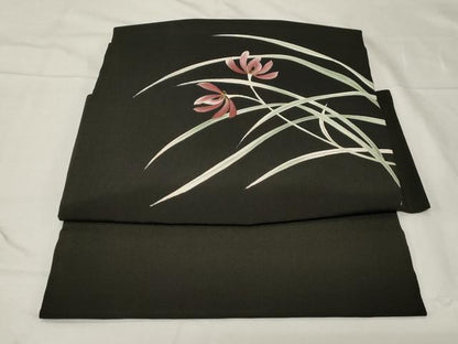 平和屋着物●つけ帯　手描き　草花文　黒地　金彩　正絹　逸品　CABA2168dy