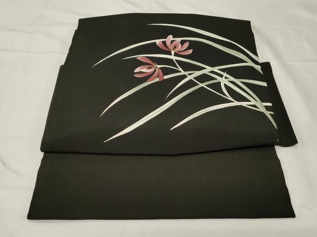 平和屋着物●つけ帯　手描き　草花文　黒地　金彩　正絹　逸品　CABA2168dy