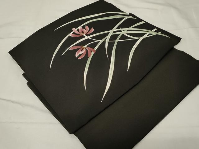 平和屋着物●つけ帯　手描き　草花文　黒地　金彩　正絹　逸品　CABA2168dy