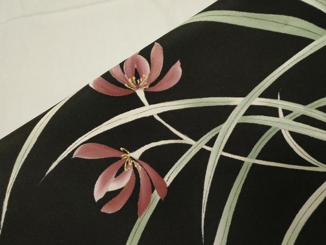 平和屋着物●つけ帯　手描き　草花文　黒地　金彩　正絹　逸品　CABA2168dy