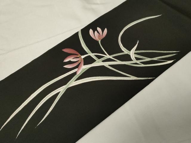 平和屋着物●つけ帯　手描き　草花文　黒地　金彩　正絹　逸品　CABA2168dy
