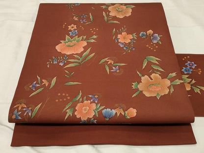 平和屋着物●塩瀬　九寸名古屋帯　草花文　金彩　正絹　逸品　CABA2181dy