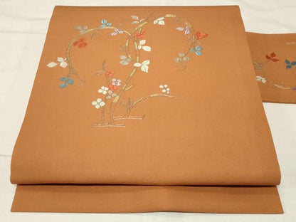 平和屋着物●塩瀬　九寸名古屋帯　総刺繍　草花文　金銀糸　正絹　逸品　CABA2183dy