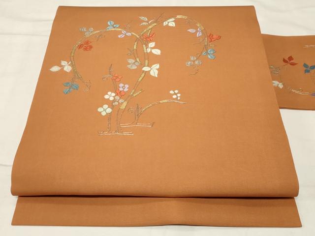 平和屋着物●塩瀬　九寸名古屋帯　総刺繍　草花文　金銀糸　正絹　逸品　CABA2183dy