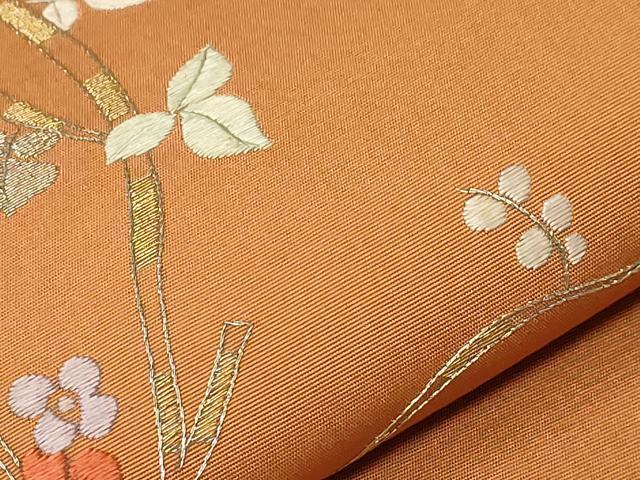 平和屋着物●塩瀬　九寸名古屋帯　総刺繍　草花文　金銀糸　正絹　逸品　CABA2183dy