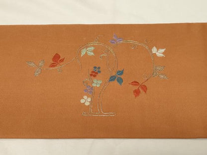 平和屋着物●塩瀬　九寸名古屋帯　総刺繍　草花文　金銀糸　正絹　逸品　CABA2183dy