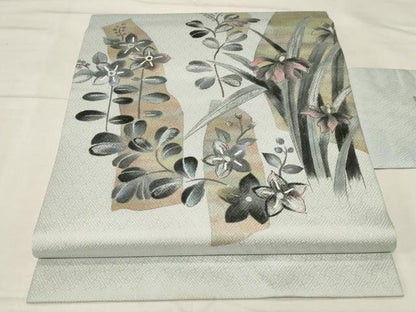 平和屋着物●九寸名古屋帯　手描き　草花文　正絹　逸品　CABA2189dy