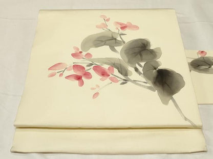 平和屋着物●塩瀬 九寸名古屋帯 作家物 手描き 草花文 正絹 逸品 CABA2194dy