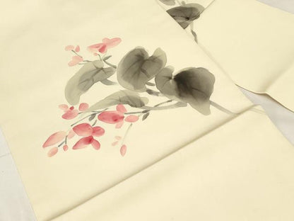 平和屋着物●塩瀬 九寸名古屋帯 作家物 手描き 草花文 正絹 逸品 CABA2194dy