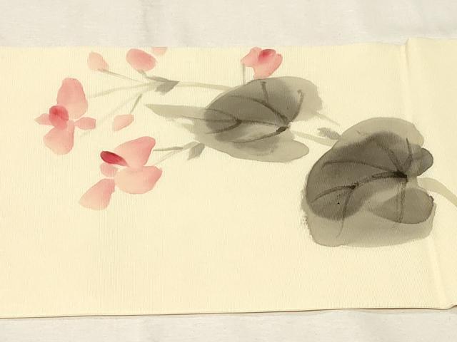 平和屋着物●塩瀬 九寸名古屋帯 作家物 手描き 草花文 正絹 逸品 CABA2194dy