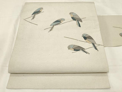 平和屋着物●九寸名古屋帯 手描き 紬地 休み鳥文 正絹 逸品 CABA2215dy