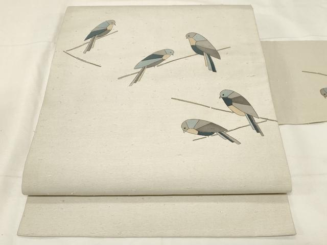 平和屋着物●九寸名古屋帯 手描き 紬地 休み鳥文 正絹 逸品 CABA2215dy