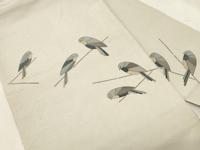 平和屋着物●九寸名古屋帯 手描き 紬地 休み鳥文 正絹 逸品 CABA2215dy