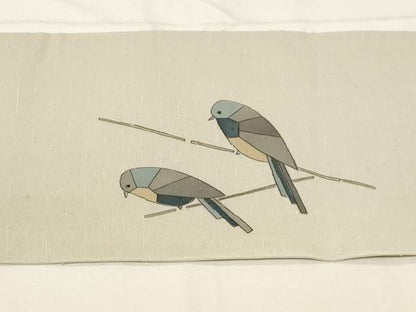 平和屋着物●九寸名古屋帯 手描き 紬地 休み鳥文 正絹 逸品 CABA2215dy