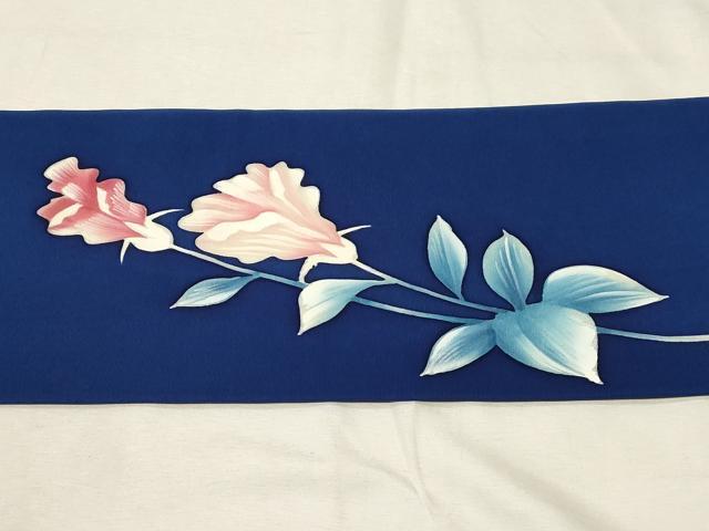 平和屋着物●塩瀬　九寸名古屋帯　手描き　草花文　正絹　逸品　CABA2246dy