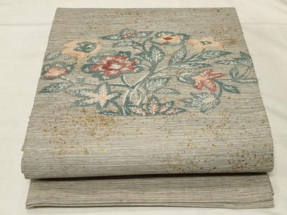 平和屋着物●八寸名古屋帯　紬地　草花文　金彩　正絹　逸品　CABA2249dy