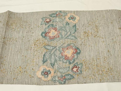 平和屋着物●八寸名古屋帯　紬地　草花文　金彩　正絹　逸品　CABA2249dy
