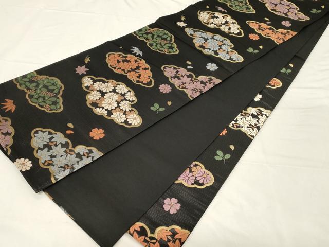 平和屋着物●ファッションデザイナー 花井幸子 六通柄袋帯 唐織 雲取草花文 黒地 金糸 正絹 逸品 CABA2271dy