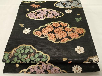 平和屋着物●ファッションデザイナー 花井幸子 六通柄袋帯 唐織 雲取草花文 黒地 金糸 正絹 逸品 CABA2271dy