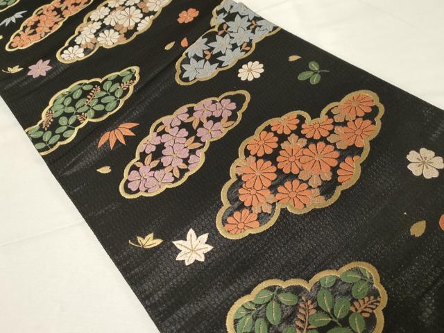 平和屋着物●ファッションデザイナー 花井幸子 六通柄袋帯 唐織 雲取草花文 黒地 金糸 正絹 逸品 CABA2271dy