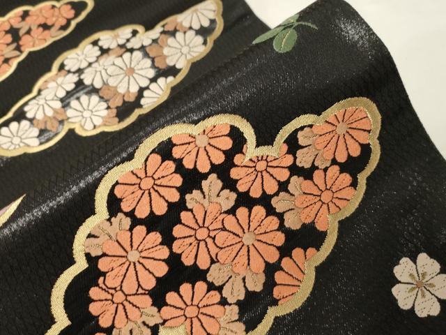 平和屋着物●ファッションデザイナー 花井幸子 六通柄袋帯 唐織 雲取草花文 黒地 金糸 正絹 逸品 CABA2271dy