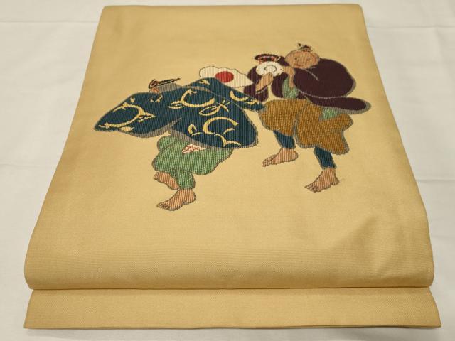 平和屋着物●太鼓柄袋帯 すくい織 人物文 金糸 三越扱い 正絹 逸品 CABA2285dy