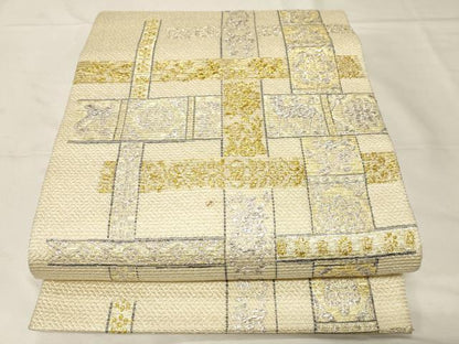 平和屋着物●六通柄袋帯　幾何学花文　金銀糸　正絹　逸品　CABA2312dy