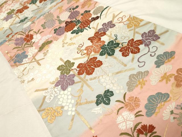 平和屋着物●六通柄袋帯　唐織　葡萄蔦の葉文　金糸　正絹　逸品　CABA2346dy